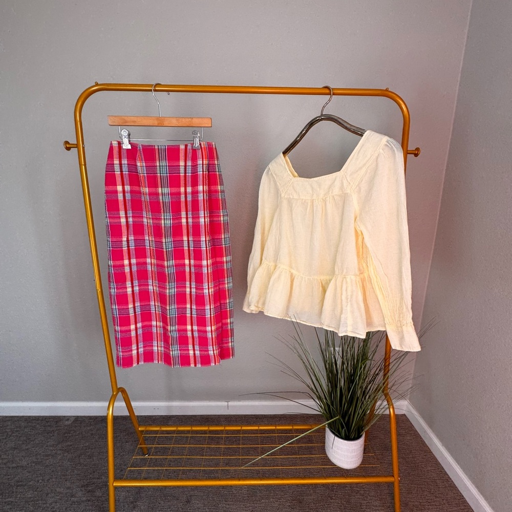 Talbots Pink Plaid Skirt Set with baby yellow color Blouse